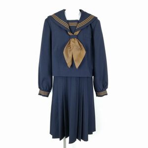 1円 セーラー服 ジャンパースカート 上下3点セット 大きいサイズ 冬物 茶3本線 女子 学生服 神奈川秦野北中学 紺 中古 ランクC NA8899