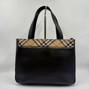 ◎美品◎ BURBERRY バーバリー ハンドバッグ トートバッグ ノバチェック レザー 本革 ロゴプレート 型押し ブラック 黒 レディース メンズ