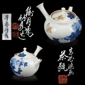 【夢工房】初代 三浦 竹泉 造 青華 着彩 錦画 茶瓶 煎茶 急須 共箱　AE-198