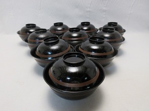 504391 【 美品 懐石道具 木製柿合黒塗 吸物椀 十客揃 箱無 】 検) 茶道具 和食器 蓋付椀 漆芸 雑煮椀 汁椀 茶事 七事式 おもてなしⅱ