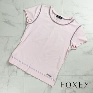 美品 FOXEY フォクシー ステッチデザインTシャツ ポイントロゴ刺繍 半袖カットソー トップス レディース ピンク 黒 サイズS*RC1083