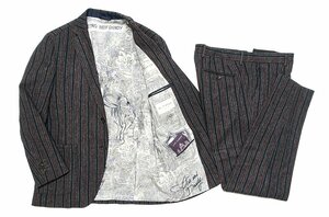 18AW 定価35万 美品 ETRO エトロ ペガサス & ニュースペーパー柄裏地 ウールモヘア ストライプ スーツ セットアップ メンズ 50