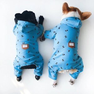 【Lサイズ】ロンパース ジャンプスーツ フーディ フレンチブルドッグ パグ ブルー 青 秋冬 犬服 ドッグウェア Boo Boo Hoodie Jumpsuit