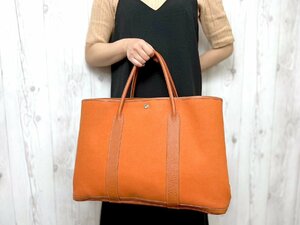 極美品 HERMES エルメス ガーデンパーティＭM トートバッグ ハンドバッグ バッグ トワルオフィシエ×レザー オレンジ A4可 72055