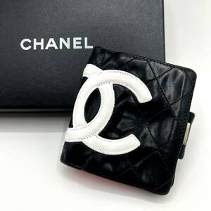 【極美品】CHANEL シャネル カンボンライン ガマ口 がま口 二つ折り財布 ココマーク ラムスキン レザー ブラック 