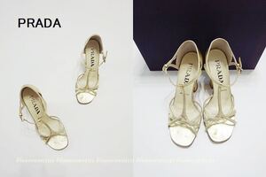 ソックスとの相性も◎上品シャンパンゴールド【PRADAプラダ】アンクルTストラップ ウェッジサンダル SAHARA 34 1/2 (22cm) スカート パンツ