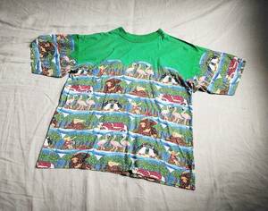 ビンテージ 90’s KENZO ケンゾー Tシャツ カットソー アニマル 動物 総柄 F コットン 半袖 緑 グリーン マルチカラー ★9