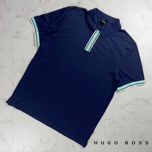 美品 HUGO BOSS ヒューゴボス 大きいサイズ デザインテープ 半袖ポロシャツ トップス メンズ 紺 ネイビー サイズXXL*SC156