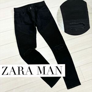 ZARA MAN■バイカー ブラックデニム クラッシュ 蛇腹 スキニー パンツ 30 ブラック ストレッチ ニークラッシュ ダメージ加工