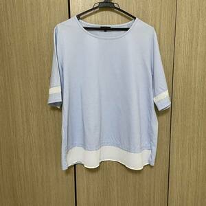 良品　大きいサイズ　ワールド　インディヴィ　スリット　カットソーTシャツ　大人　上品　お洒落　ブルー系　42