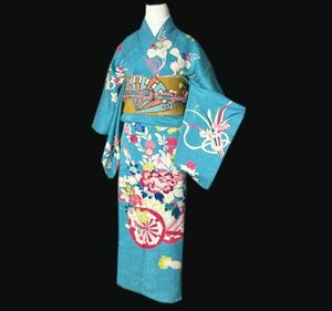 ★きものさらさ　アンティーク着物帯★訪問着　花車文様　刺繍　薔薇　牡丹　藤　古典文様　正絹　古布　古裂　時代裂　モダン　パーティー