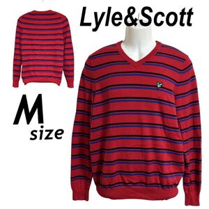 Lyle&Scott ライル＆スコット メンズ 綿ニット Vネック M カットソー トップス ロゴ ボーダー レッド系 (L39)★