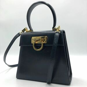 1円【極美品】Salvatore Ferragamo フェラガモ ガンチーニ 2way ハンドバッグ ショルダー BX-21 2193 自立型 刻印 レザー 本革 ネイビー系