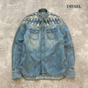 【DIESEL BLACK GOLD 】 ディーゼル ブラックゴールド デニムウエスタンシャツ ボタンダウン 長袖シャツ 刺繍 ユーズド加工 イタリア製