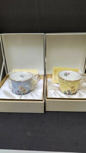 ノリタケ ワンサラ Noritake ブルー イエロー カップ&ソーサー 花柄 2客 未使用 箱入 陶器 ティーカップ