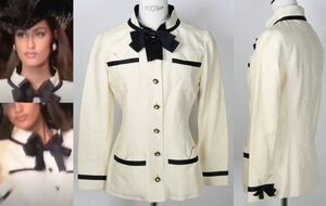 VINTAGE 91SS CHANEL SILK JACKET size 36 シャネル リボン バイカラー ココマークボタン シルク ジャケット b8732