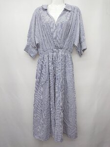 ◇ ◎ natural couture ストライプ　カシュクール 長袖 膝下 ワンピース サイズF ブルー レディース P