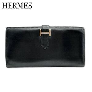 HERMES　エルメス ベアンクラシック ボックスカーフ 長財布 小銭入れ 札入れ ブラック