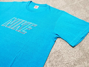 良好 ～90s USA製 ビンテージ 銀タグ NIKE ナイキ ロゴプリント Tシャツ L 42‐44 薄青 アメリカ製 90年代 ビンテージ