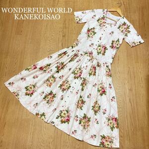 WONDERFUL WORLD KANEKOISAO ＊ ワンダフルワールド カネコイサオ 金子功 半袖ロングワンピース スウェット素材 前開き バラ 薄緑×ピンク