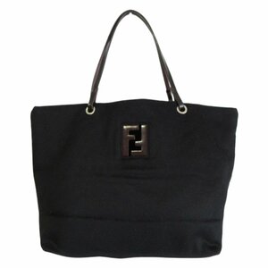 美品 FENDI フェンディ カシミヤ100％×レザー ロゴ ワンショルダーバッグ トートバッグ ブラック×ブラウン ◆