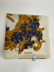 営ST294-60◆ CHANEL／シャネル フラワー ブルー ゴールド アイボリー 95×95 シルク 大判 スカーフ