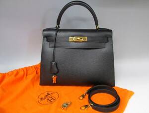 ①本物保証 HERMES ケリー28 黒 ゴールド金具 C刻印★状態良好 ショルダー、鍵、カデナ、クロシェット、保存袋付 エルメス ケリーバッグ