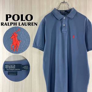 【希少カラー】【90s】POLO ポロバイラルフローレン 刺繍ポニー ロングテール 半袖ポロシャツ L表記 くすみブルー 90年代 アメカジ US古着