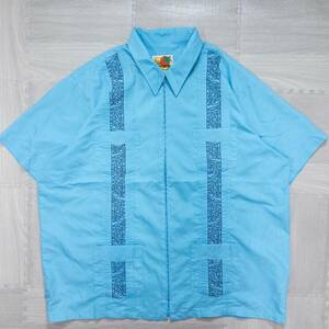 古着 GUAYABERA キューバシャツ ファスナー 刺繍デザイン 半袖シャツ トップス メンズXL相当 ブルー