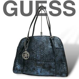 極上美品 GUESS ゲス ショルダーバッグ ハンドバッグ ブルー 型押し ユニセックス カジュアル ストリート ファッション ブランド 高級感