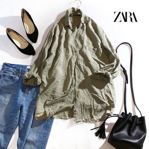 美品 ZARA ザラ 春 夏 ゆったり リヨセル とろみ 落ち感 ミリタリー シャツ XS カーキグリーン 緑 くすみ ロング丈