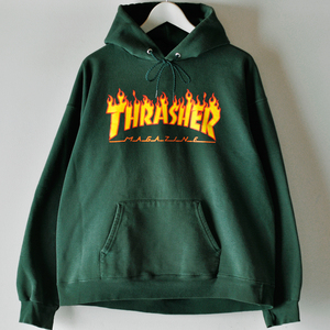 希少色 90s THRASHER MAGAZINE スラッシャー スウェット パーカ グリーン M 裏起毛 ワイドシルエット / 00s ヴィンテージ USA アメカジ