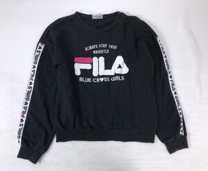 FILA フィラ × BLUECROSS girls ブルークロス ガールズ 袖ライン スウェット トレーナー キッズ 子供服 女の子 ビックロゴ 綿100% L 黒