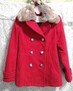 赤レッド亜麻色ラビットファーロングコート/外套/アウター Red flax color rabbit fur long coat mantle