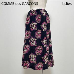 AD2000 COMME des GARCONS 膝丈スカート 花柄 シルク100% 総柄 黒 ブラック Mフレア japan ローブドシャンブルコムデギャルソン 1スタ