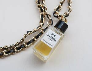 シャネル CHANEL NO.5 香水 ミニボトル ネックレス レザー ゴールド ブラック アクセサリー ヴィンテージ　レア　送料無料　[A2]