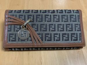 値下げ中 セール 中古 FENDI フェンディ 長財布 ズッキーノ柄 キャンバス×レザー 二つ折り財布 ブラウン系 ウォレット送料無料 