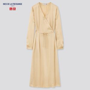 YM3★送料無料☆新品未使用★UNIQLO×INES DE LA FRESSANGE☆ユニクロ×イネス・ド・ラ・フレサンジュ★シルクラップワンピース☆ベージュS