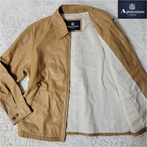 【美品/現行】 Aquascutum アクアスキュータム シングル ライダース ジャケット 革ジャン ラムレザー 羊革 シープスキン リネン キャメル