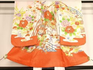 平和屋着物■七五三　女の子　３歳　祝着　三つ身　刺繍　草花文　暈し染め　金彩　逸品　AAAK5688Boa