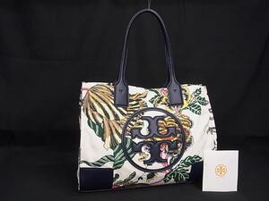 1円 ■美品■ TORY BURCH トリーバーチ エラ ナイロン×レザー フラワー 花柄 トートバッグ ショルダー ベージュ系×ネイビー系 FE7530