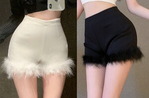 全2色 ショートパンツ ショーパン ファー付き ハイウエスト 切り替え スリム 着痩せ M ブラック