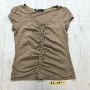 DKNY ダナキャラン レディース フロントギャザー シルクフリル付き Tシャツ S 茶