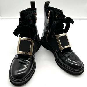 極美品 Roger Vivier ロジェヴィヴィエ アンクル ブーツ サイドジップ エナメル 黒 ブラック ゴールド金具 サイズ36 1/2 23.5cm相当