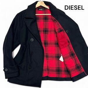 美麗品◎Lサイズ!!ディーゼル【大人気モデル】DIESEL チェック Pコート ピーコート ウール ネイビー レザー 牛革 マリーン 秋冬◎メンズ