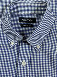 NAUTICA 白青のギンガムチェック 長袖ボタンダウンシャツ 15 M(US-FIT) USA輸入本場アメリカン古着 F-323