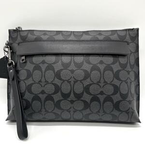 １円～【未使用級】COACH コーチ セカンドバッグ クラッチバッグ ダークグレー PVC レザー シグネチャー ビジネス メンズ ストラップ付