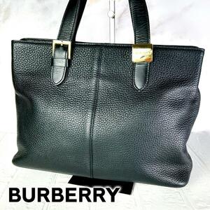 【良品】BURBERRY　バーバリー カーフ レザー　ハンドバッグ　 裏地ノバチェック　ブラック