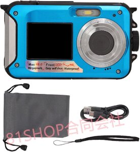 「81SHOP」 防水デジタルカメラ、2.7K 48MP 10フィート水中カメラ、屋外用16Xデュアルスクリーンデジタルカメラ(青)