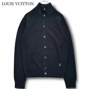 希少★ LOUIS VUITTON ルイヴィトン カシミヤ100% カーディガン ラグラン袖 リブニット セーター 刺繍ロゴ ハイネック ブラック M相当